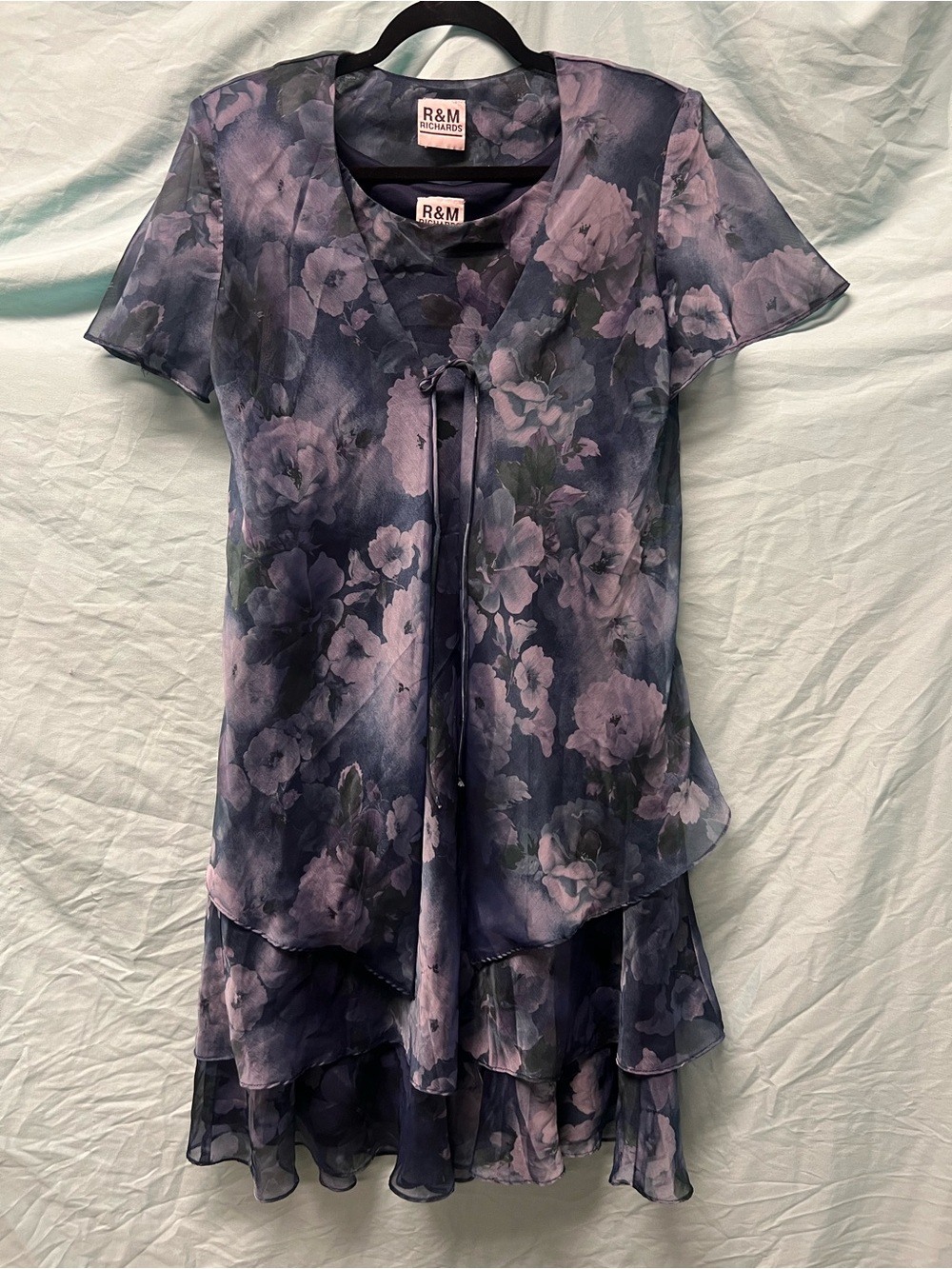 2 pc women L R&M Richards Navy Blue & faint shimmery Purple Floral Layered Dress